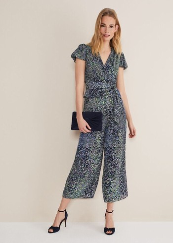 Phase Eight Leora Wrap Printed Plisse Jumpsuit Navy/Multicolor Canada | EIPRJV-417